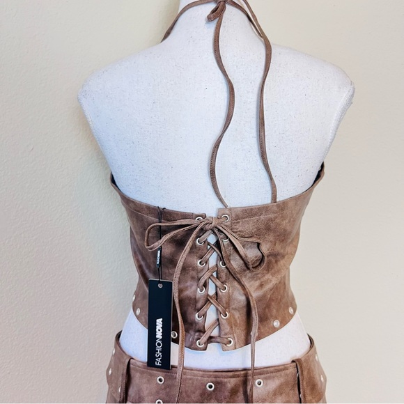 NWT Brown Leather Halter Hook N Eye Crop Top & Belted Eyelet Skort Skirt Set - Picture 10 of 15